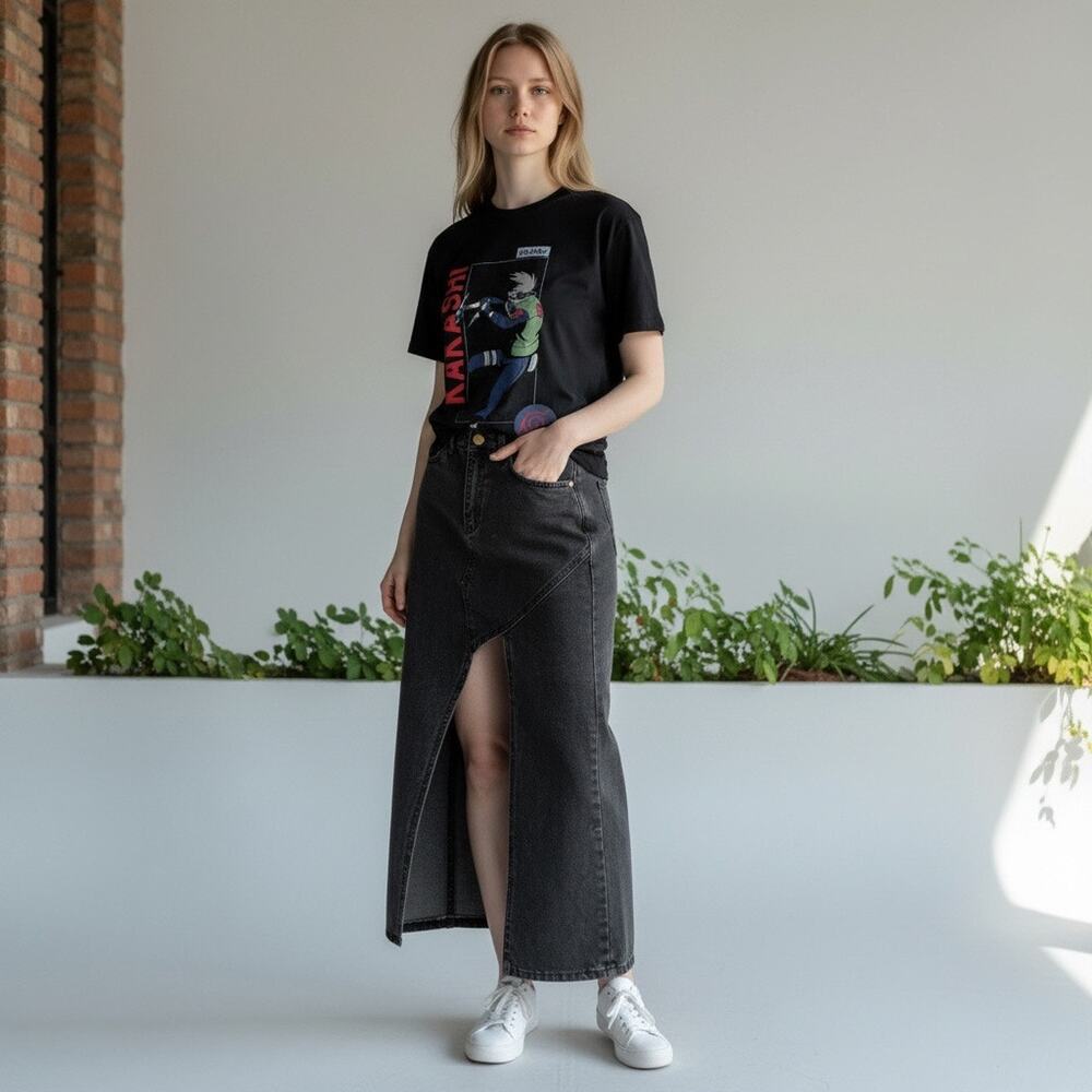 Womens Black Denim Maxi Skirt Wrap Style Asymmetrical Slit Size EU 38 / US 6 Y2K